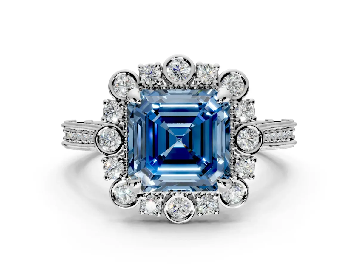 Milgrain Halo Engagement Ring Setting for Fancy Blue Asscher Cut Center with Bezel Point Accents and Prong Head in White Gold