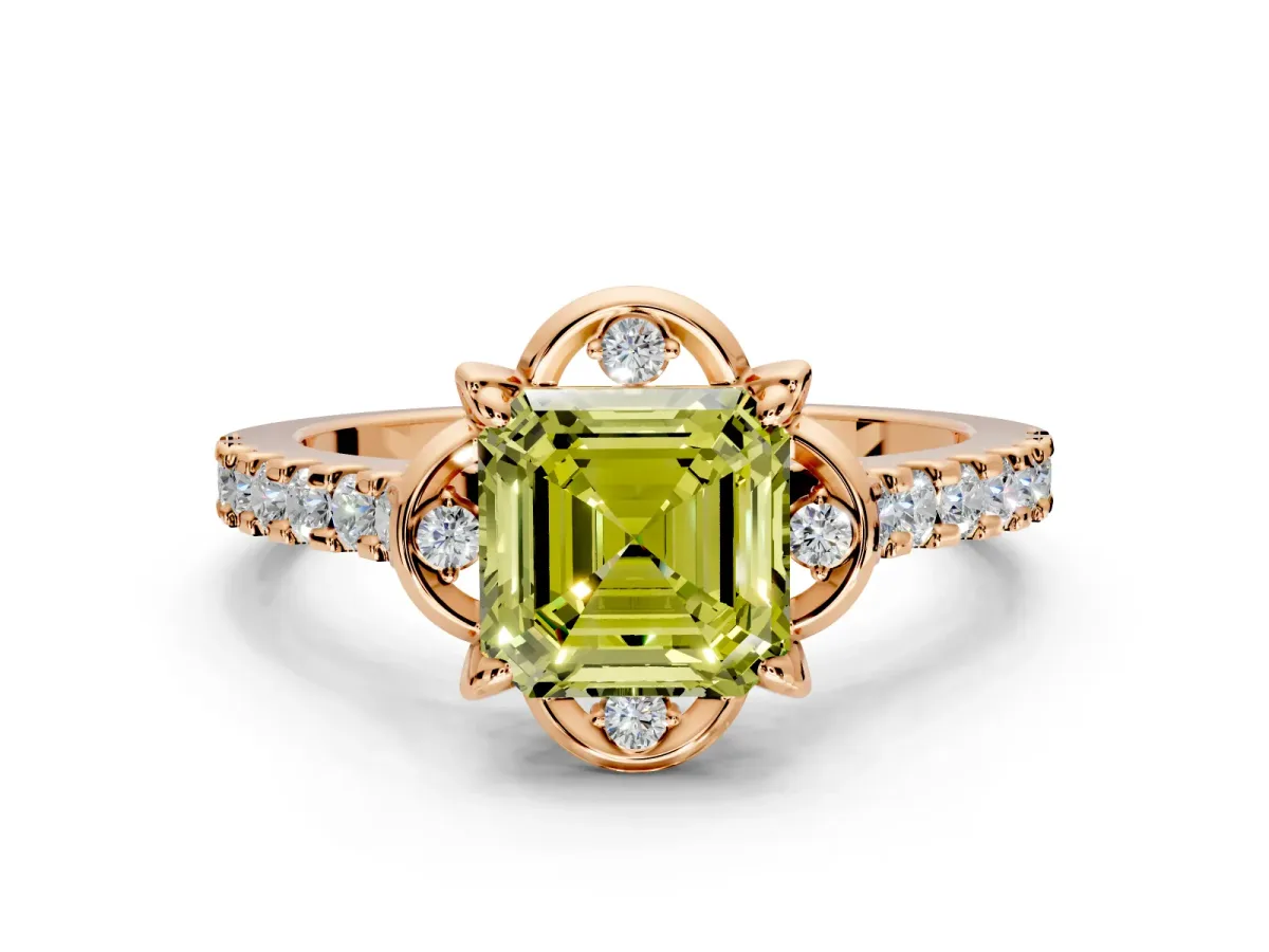 Floral Engagement Ring Setting for Fancy Yellow Asscher Cut Center with Pave Band and Floral Prong Head in Rose Gold