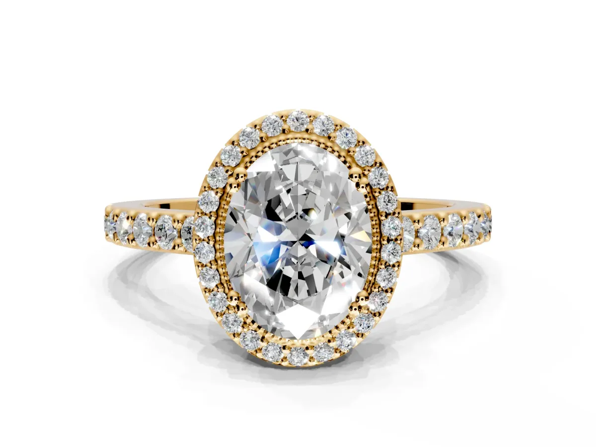 Halo Engagement Ring Setting for Oval Center with Inner Milgrain Border and Prong Head in Yellow Gold
