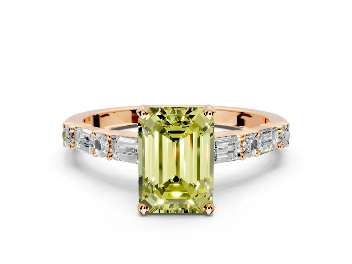 Baguette Engagement Ring Setting for Fancy Yellow Emerald Cut Center with Alternating Bar-Set Band and Prong Head in Rose Gold