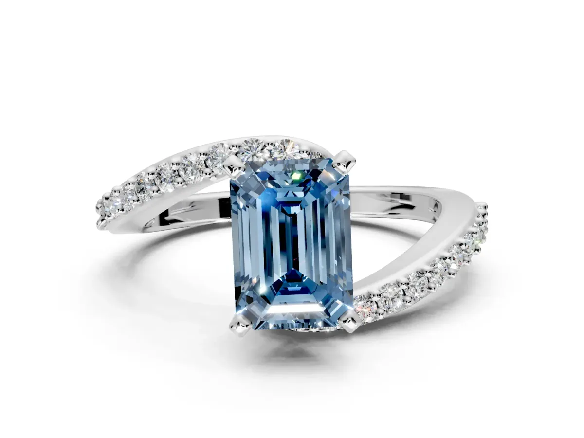 Solitaire Engagement Ring Setting for Fancy Blue Emerald Cut Center with Pave Bypass Swirl Band and Prong Head in Platinum