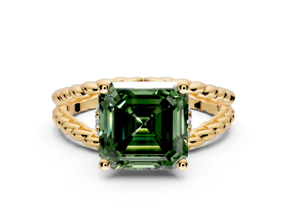 Halo Engagement Ring Setting for Fancy Green Asscher Cut Center with Rope Twist Split Shank and Prong Head in Yellow Gold
