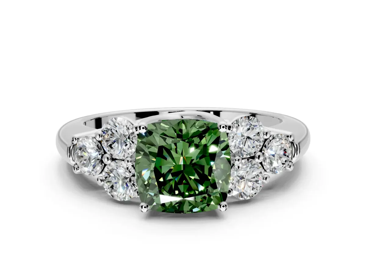 Cluster Engagement Ring Setting for Fancy Green Cushion Cut Center with Round Cut Accent Frame and Prong Head in Platinum