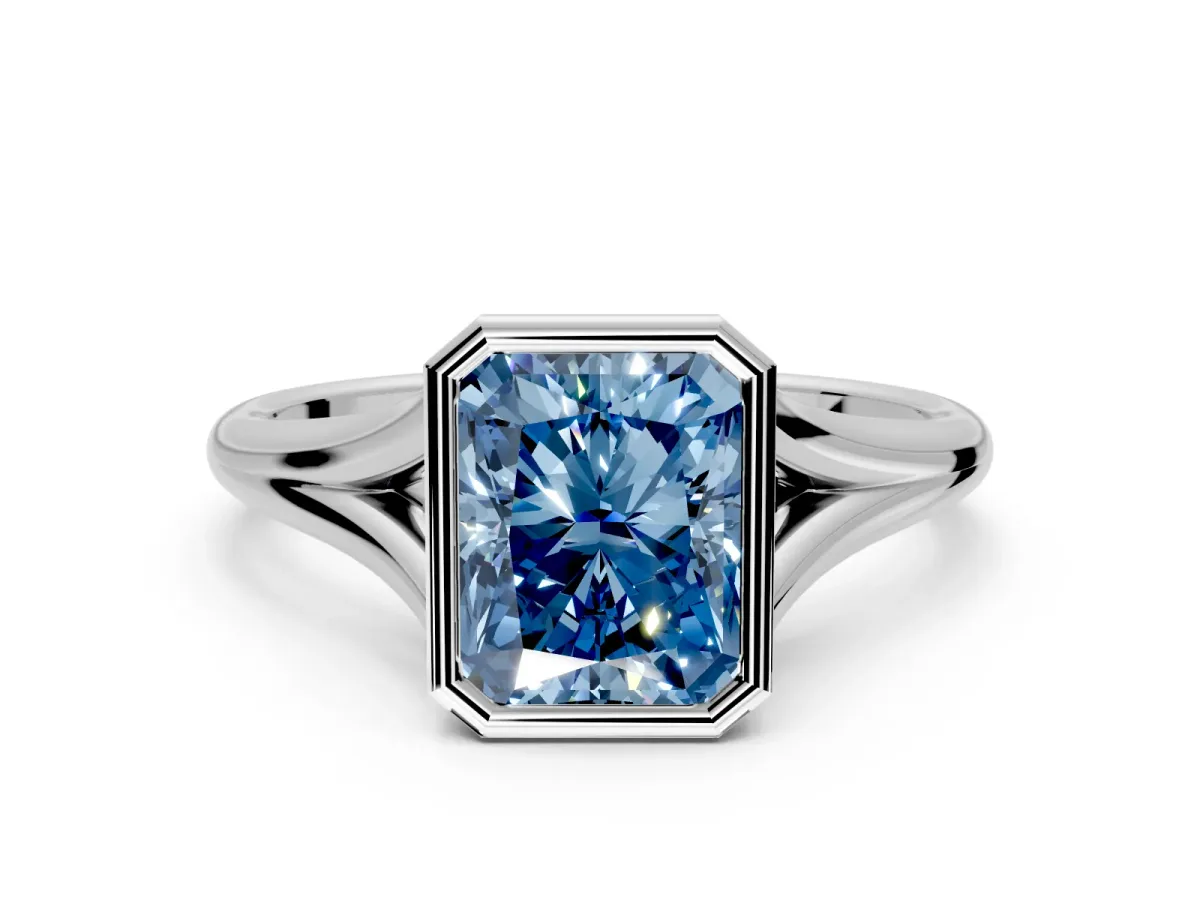 Solitaire Engagement Ring Setting for Fancy Blue Radiant Cut Center with V Split Shank and Bezel Head in Platinum