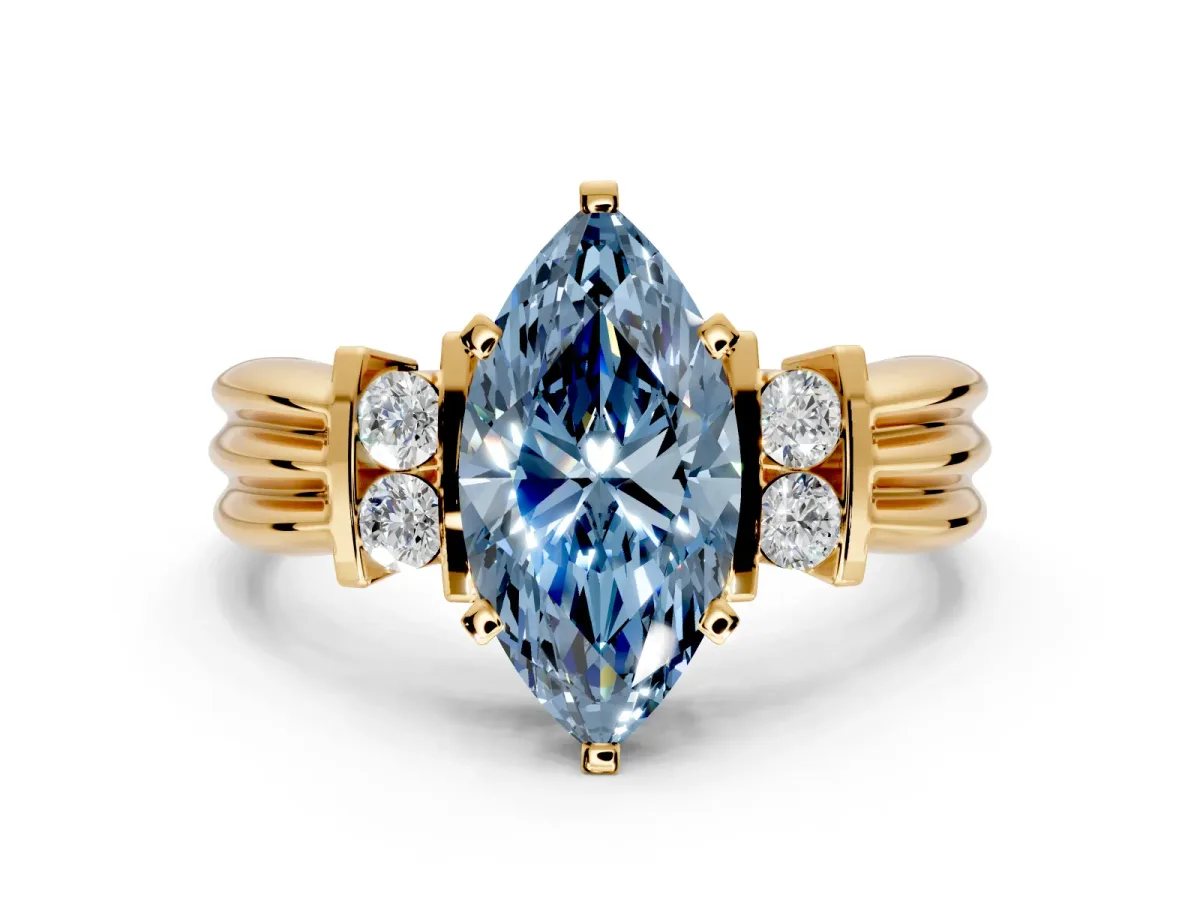 Solitaire Engagement Ring Setting for Fancy Blue Marquise Center with Grooved Bar Accent Band and Prong Head in Yellow Gold