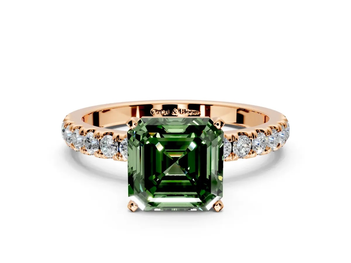 Open Basket Engagement Ring Setting for Fancy Green Asscher Cut Center with Pave Band and Prong Head in Rose Gold