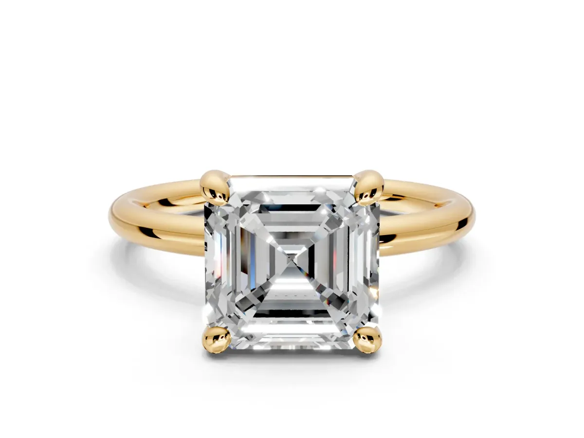 Low-Set Solitaire Engagement Ring Setting for Asscher Cut Center with Thin Plain Band and Prong Head in Yellow Gold