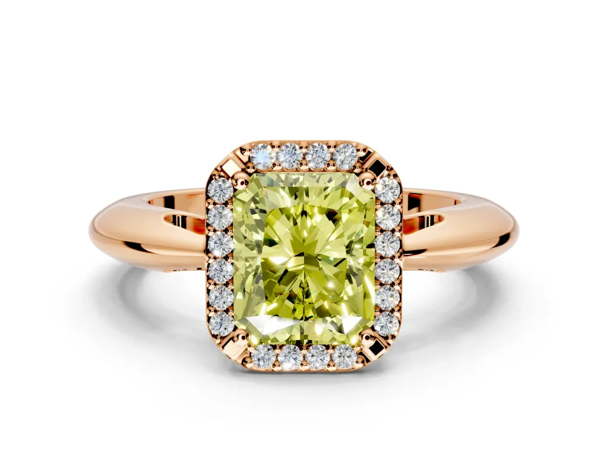 Halo Engagement Ring Setting for Fancy Yellow Radiant Cut Center with Tapered Plain Band and Prong Head in Rose Gold