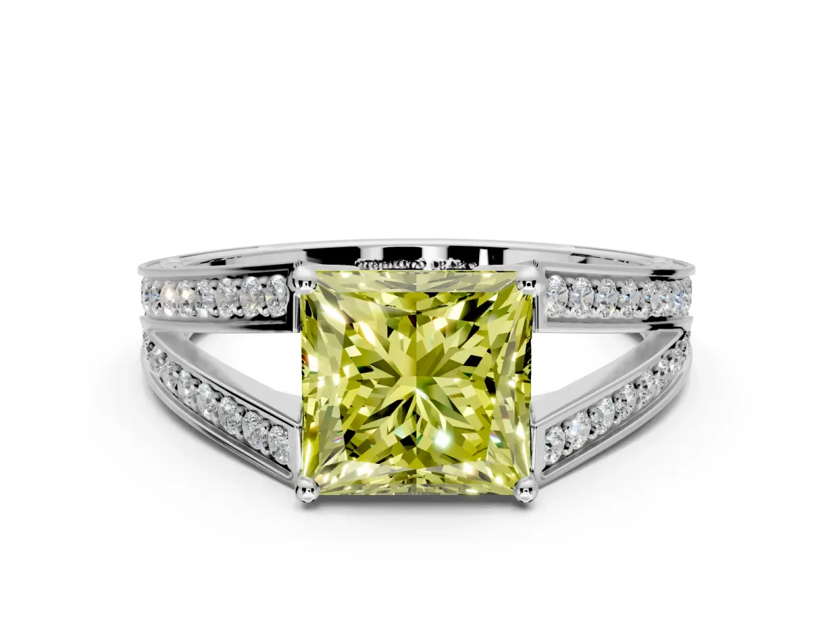 Split Shank Engagement Ring Setting for Fancy Yellow Princess Cut Center with Pave Split Shank and Prong Head in White Gold