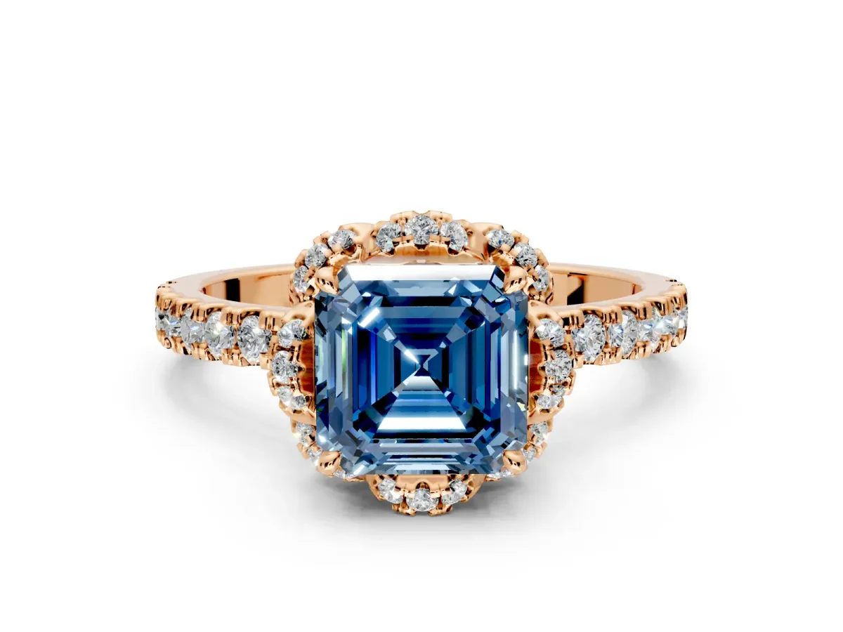 Halo Engagement Ring Setting for Fancy Blue Asscher Cut Center with Openwork Halo, Pave Band and Prong Head in Rose Gold