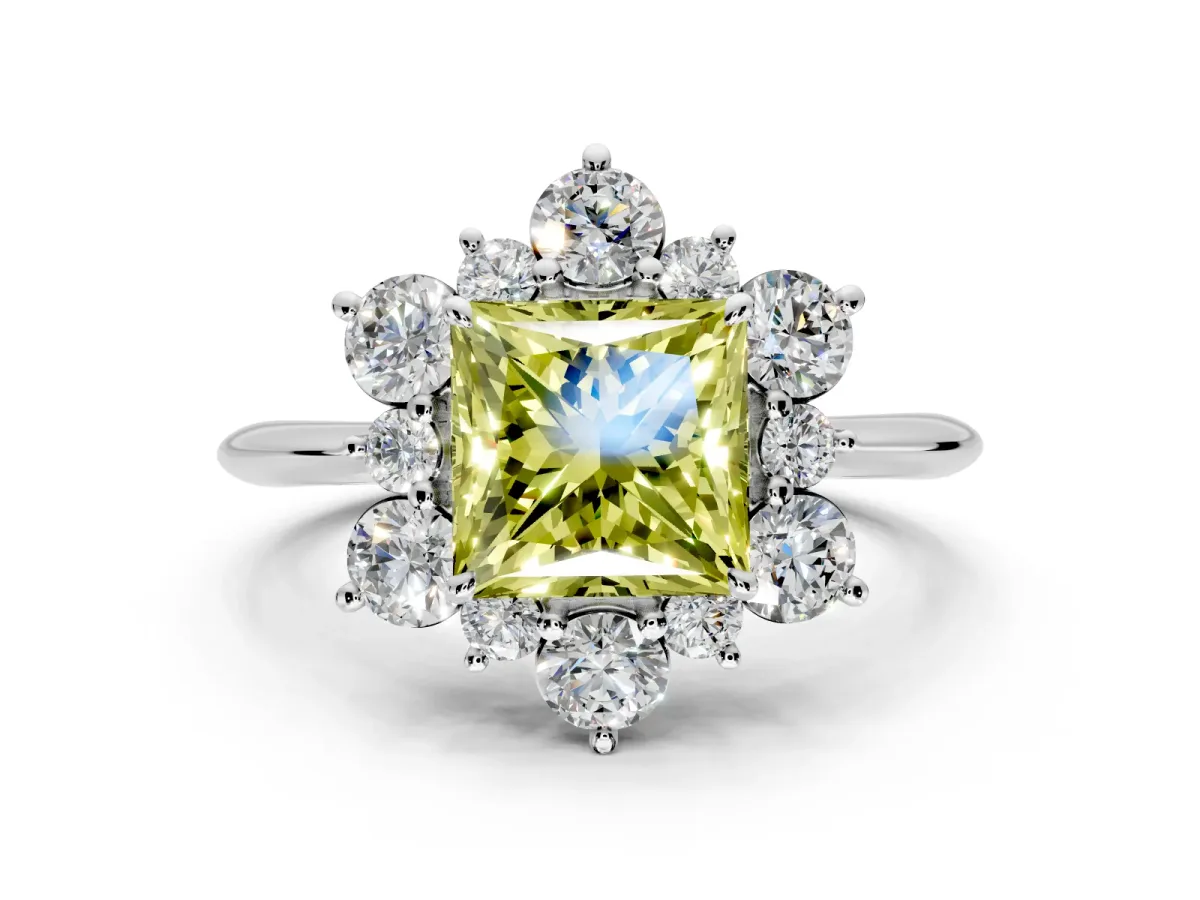 Small-Accent Cluster Halo Engagement Ring Setting for Fancy Yellow Princess Cut Center with Plain Band and Prong Head in Platinum