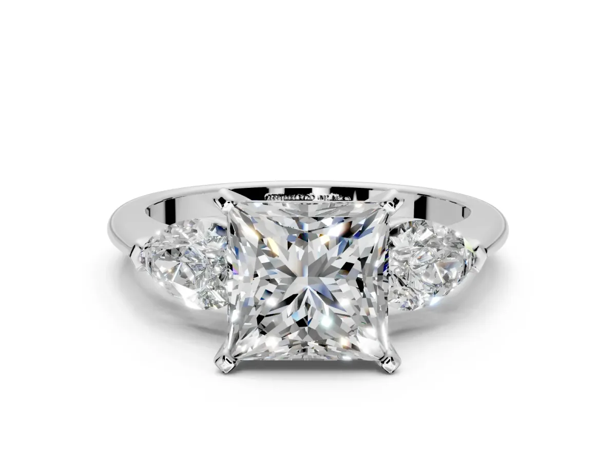 3 Stone Engagement Ring Setting for Princess Cut Center with Large Pear-Shaped Accents and Prong Head in Platinum