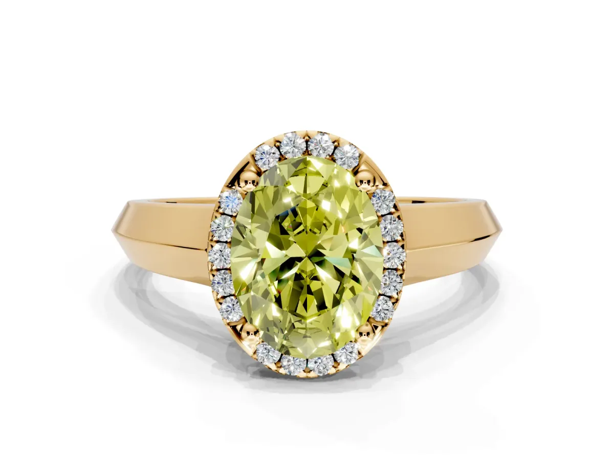 Halo Engagement Ring Setting for Fancy Yellow Oval Center with Knife Ridge Cathedral Band and Prong Head in Yellow Gold
