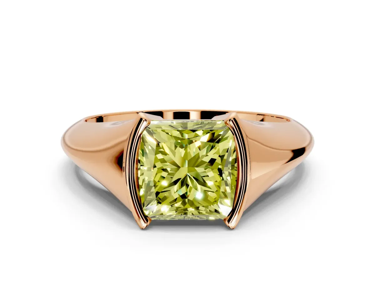 Tension Engagement Ring Setting for Fancy Yellow Princess Cut Center with Wide Tapered Band and Tension Head in Rose Gold