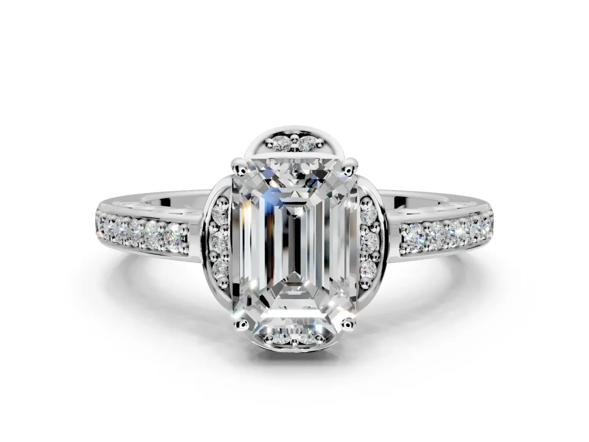 Floral Engagement Ring Setting for Emerald Cut Center with Four Accent Clusters and Prong Head in Platinum