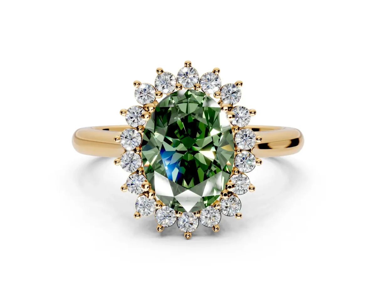 Starburst Halo Engagement Ring Setting for Fancy Green Oval Center with Thin Round-Wire Band and Prong Head in Yellow Gold