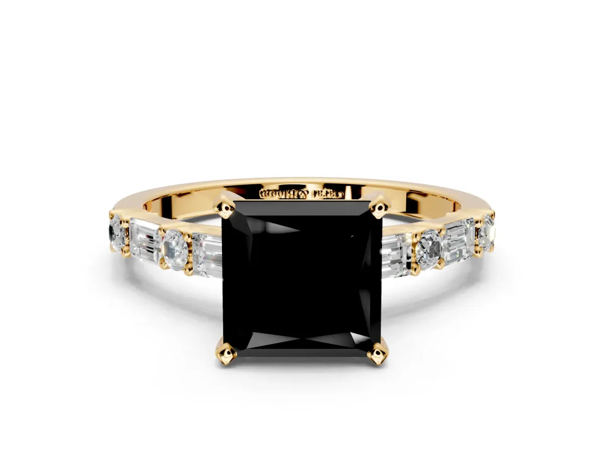 Baguette Engagement Ring Setting for Fancy Black Princess Cut Center with Alternating Bar-Set Band and Prong Head in Yellow Gold