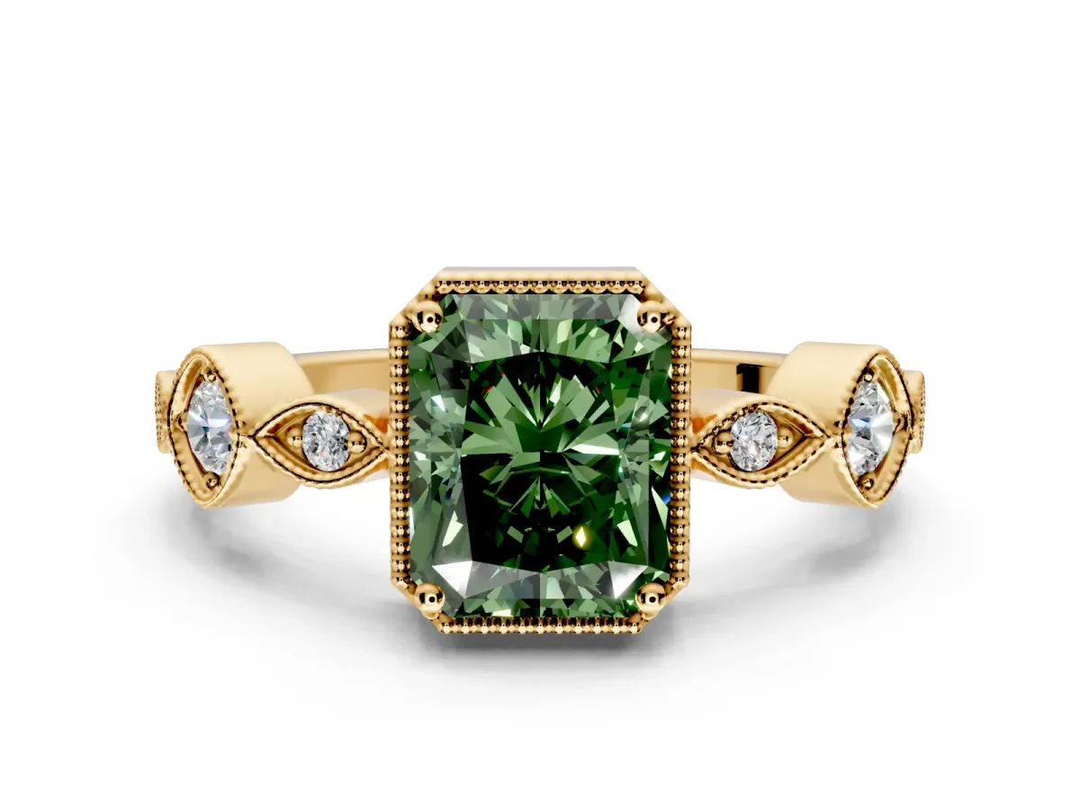 Vintage Station Engagement Ring Setting for Fancy Green Radiant Cut Center with Accents and Prong Head in Yellow Gold