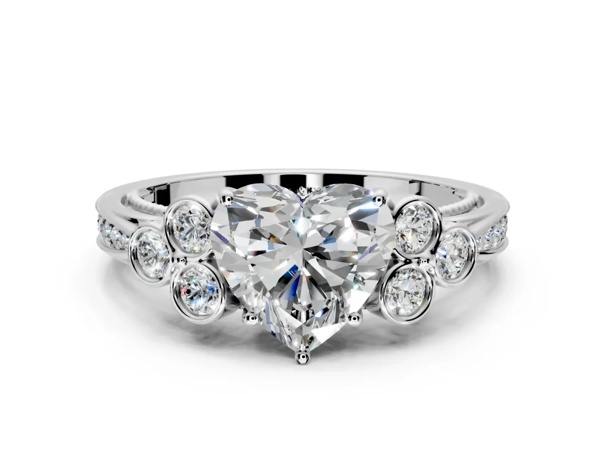 Cluster Engagement Ring Setting for Heart-Shaped Center with Bezel Accent Clusters and Prong Head in Platinum