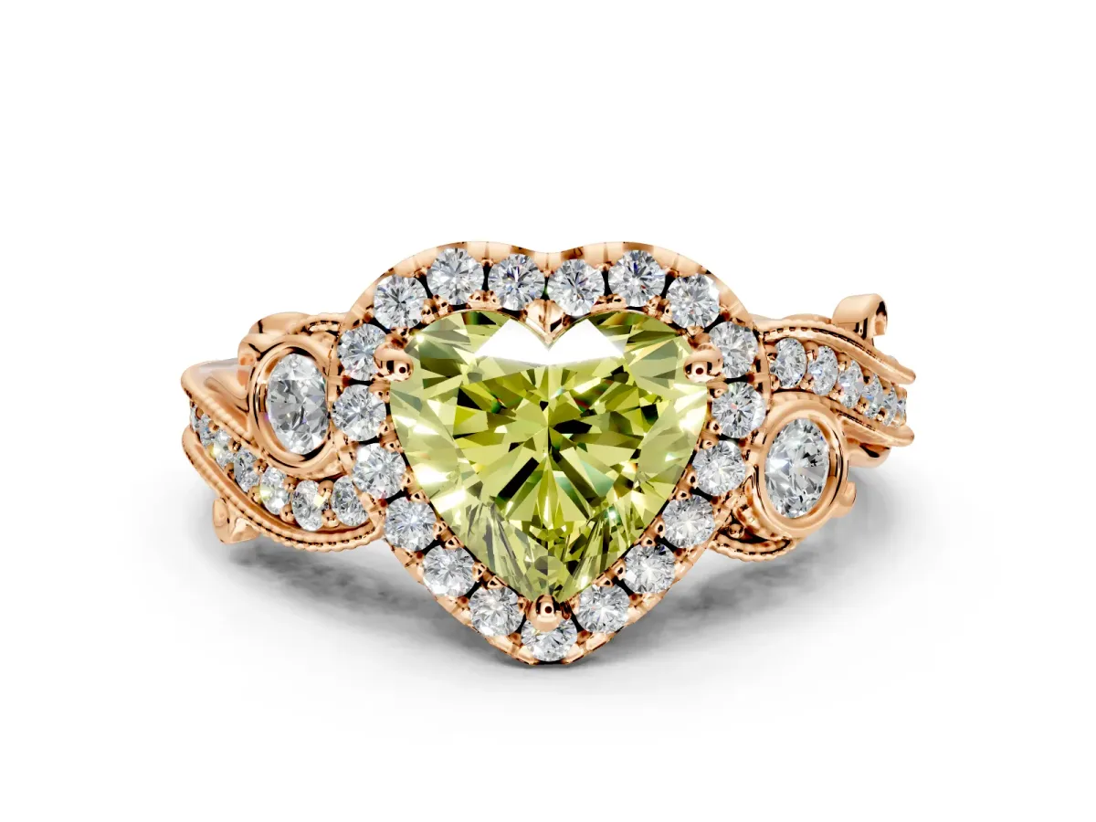 Milgrain Halo Engagement Ring Setting for Fancy Yellow Heart-Shaped Center with Shoulder Bezels and Prong Head in Rose Gold
