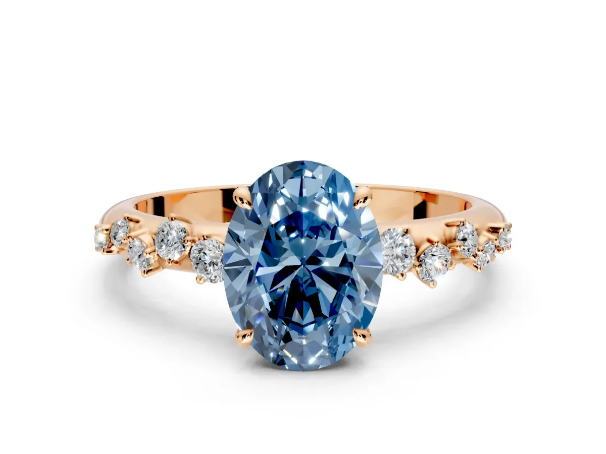 Cluster Engagement Ring Setting for Fancy Blue Oval Center with Round Cut Accent Band and Prong Head in Rose Gold