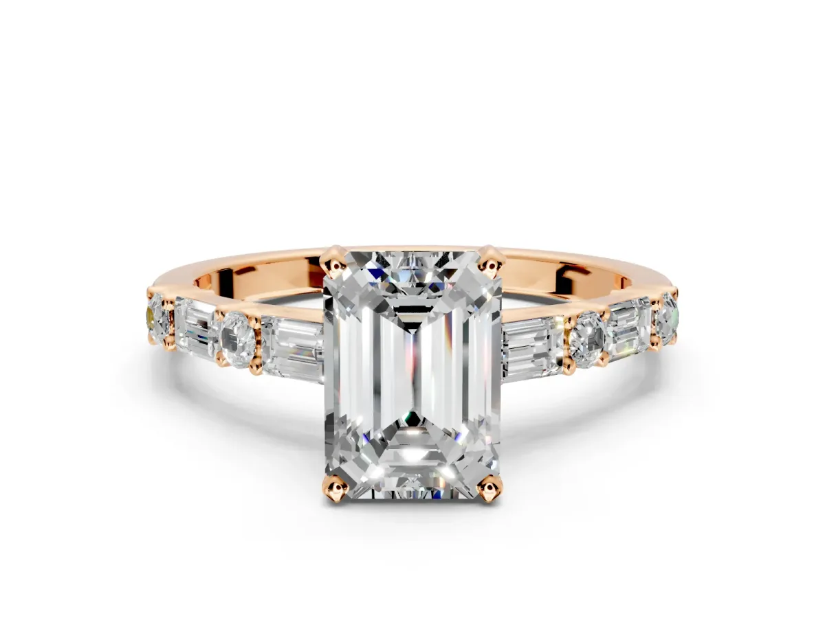 Baguette Engagement Ring Setting for Emerald Cut Center with Alternating Bar-Set Band and Prong Head in Rose Gold