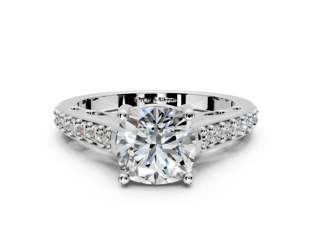 Solitaire Engagement Ring Setting for Cushion Cut Center with Pave Cathedral Band and Prong Head in White Gold