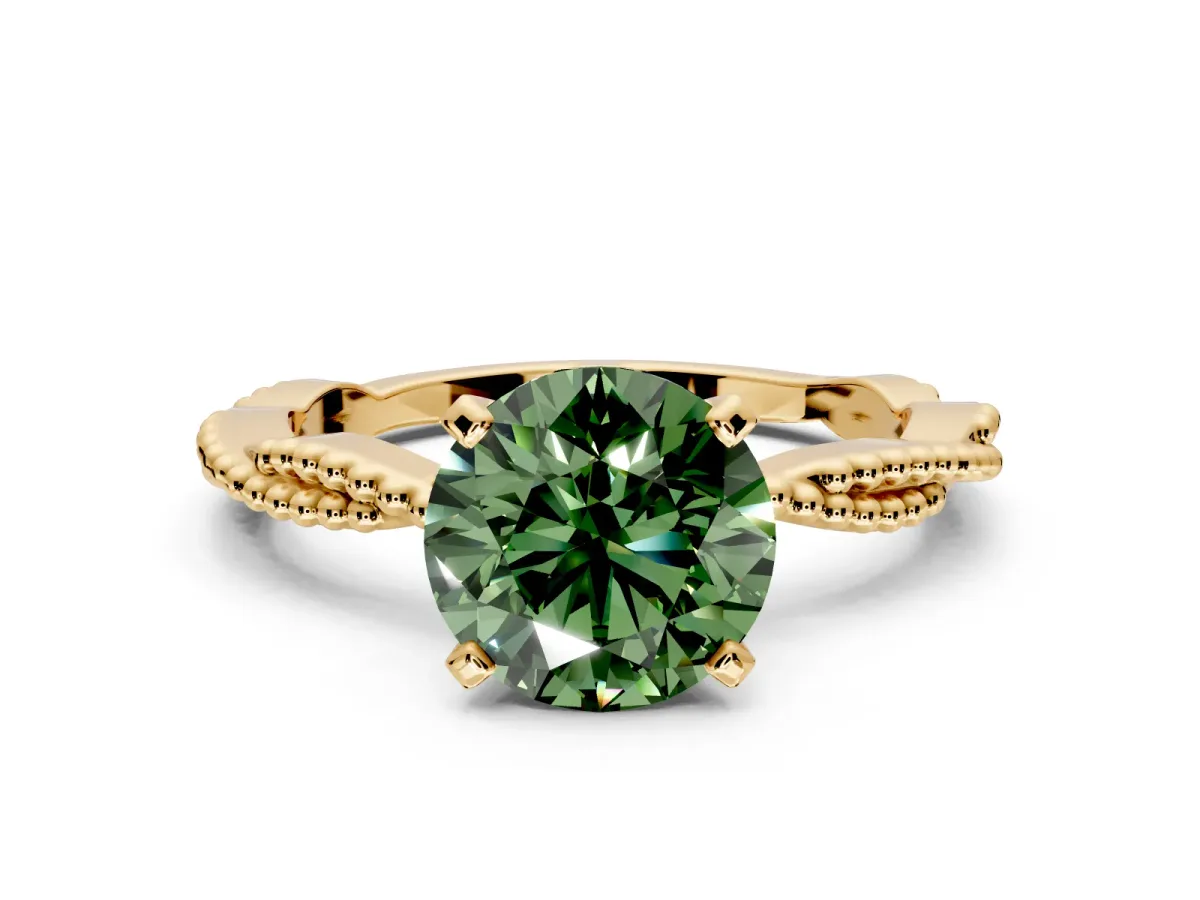 Solitaire Engagement Ring Setting for Fancy Green Round Cut Center with Twist Band and Bead Prong Head in Yellow Gold