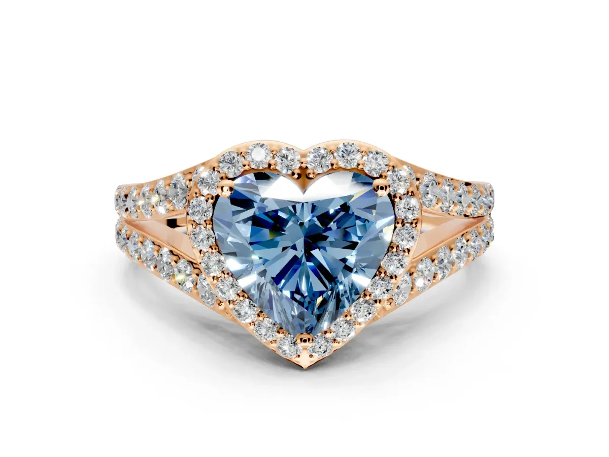 Halo Engagement Ring Setting for Fancy Blue Heart-Shaped Center with Narrow Pave Split Shank and Prong Head in Rose Gold