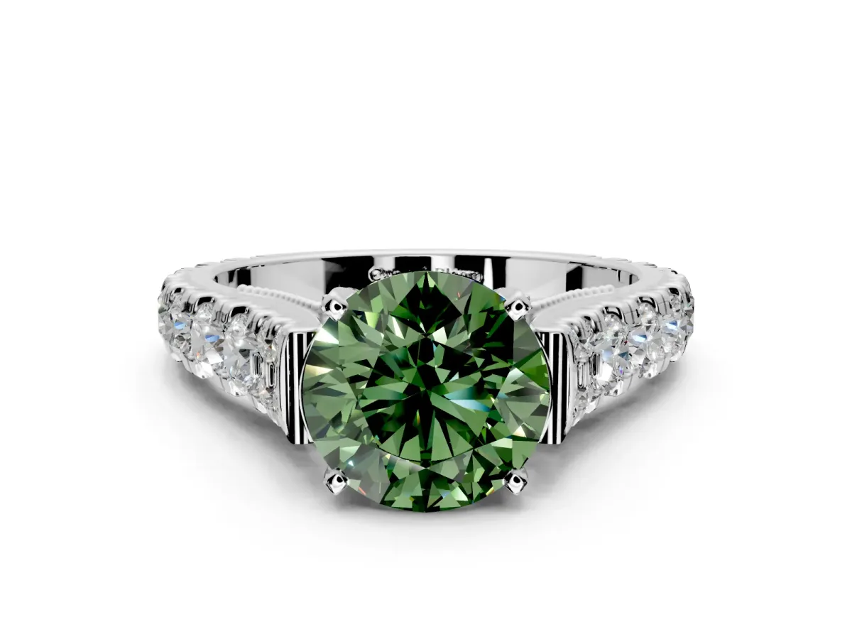 Solitaire Engagement Ring Setting for Fancy Green Round Cut Center with Pave Cathedral Shoulders and Prong Head in Platinum