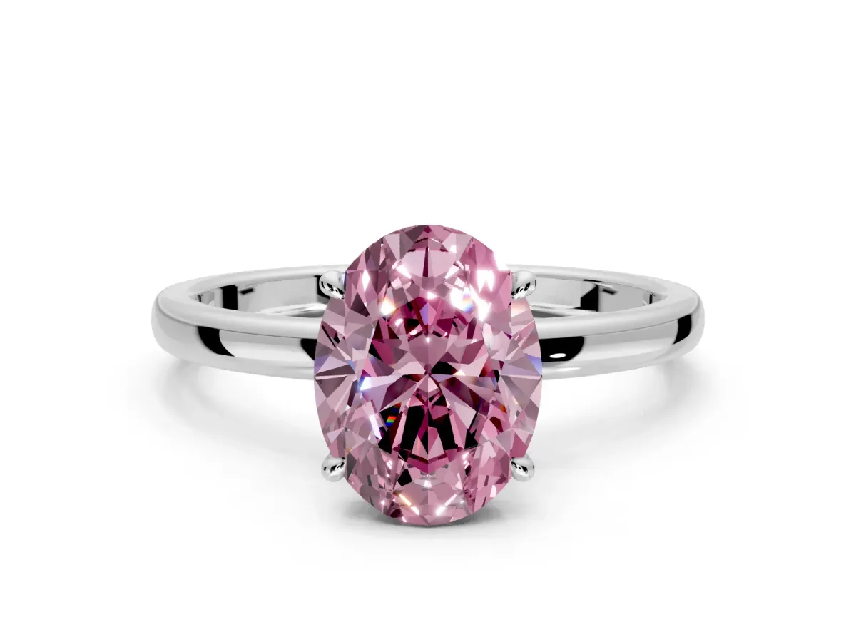 Hidden Halo Engagement Ring Setting for Fancy Pink Oval Center with Plain Band and Tall Prong Head in Sterling Silver