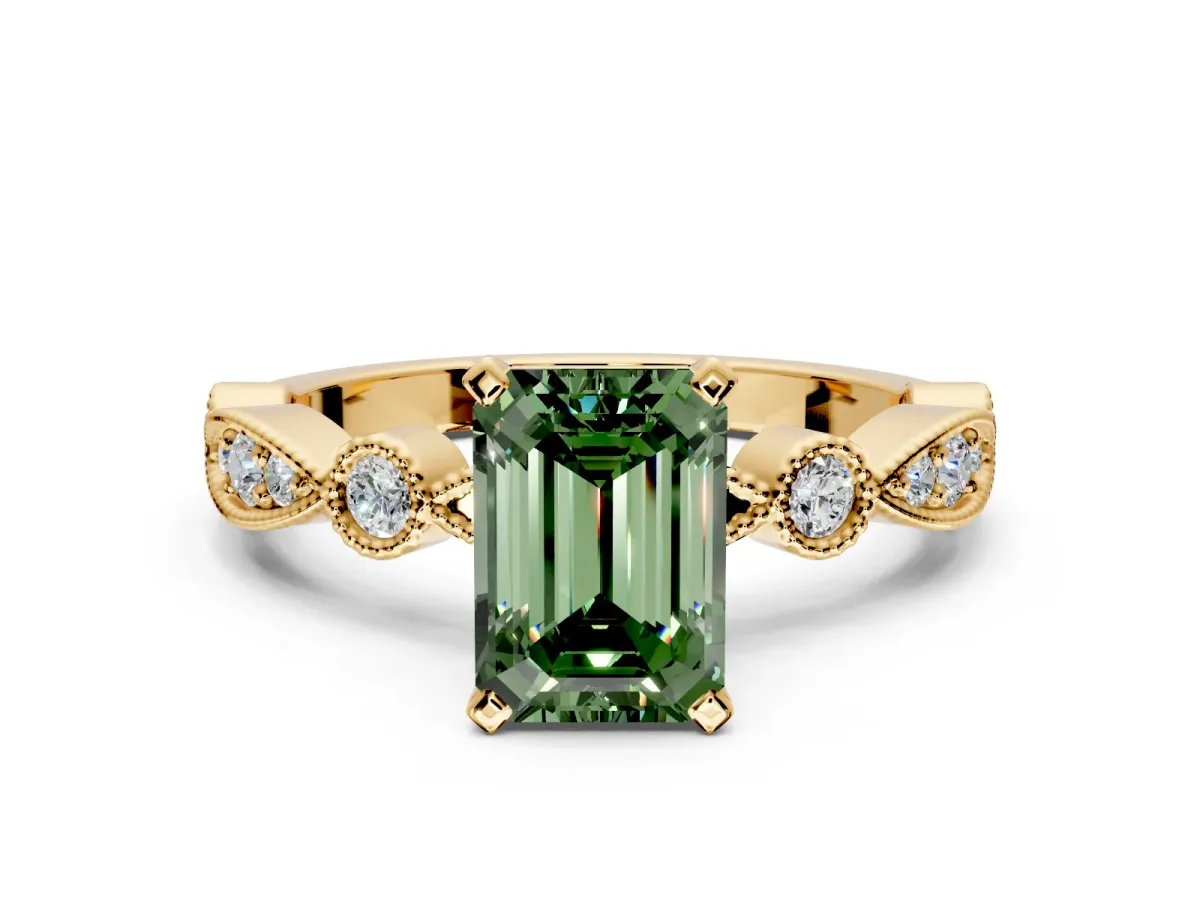 Solitaire Engagement Ring Setting for Fancy Green Emerald Cut Center with Milgrain Bezel Accents and Prong Head in Yellow Gold