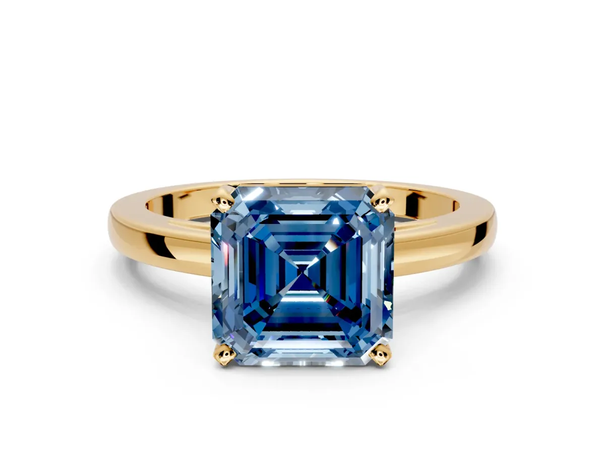 Solitaire Engagement Ring Setting for Fancy Blue Asscher Cut Center with Basket Rail and Prong Head in Yellow Gold