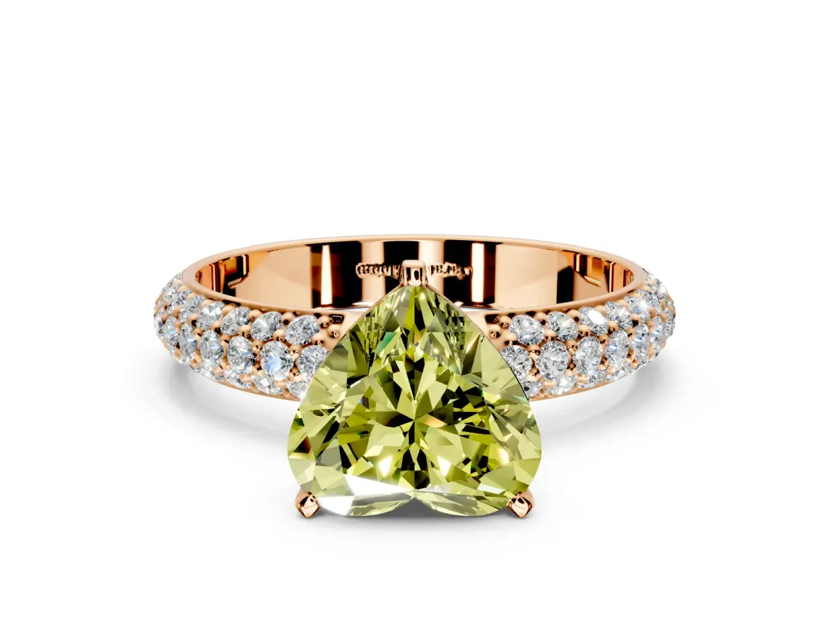 Solitaire Engagement Ring Setting for Fancy Yellow Heart-Shaped Center with Domed Multi-Row Pave Band and Prong Head in Rose Gold