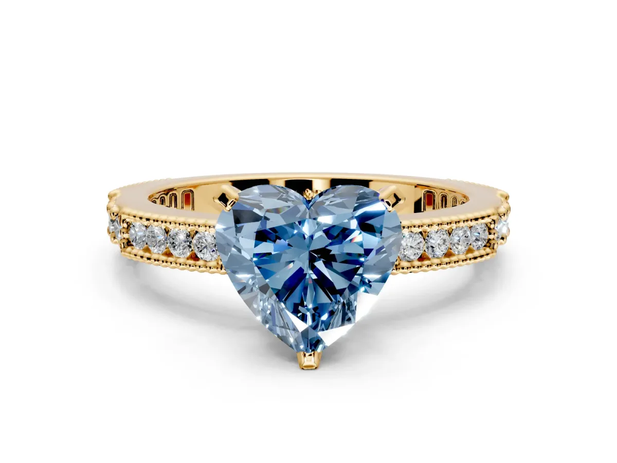 Solitaire Engagement Ring Setting for Fancy Blue Heart-Shaped Center with Milgrain-Edged Pave Band and Prong Head in Yellow Gold
