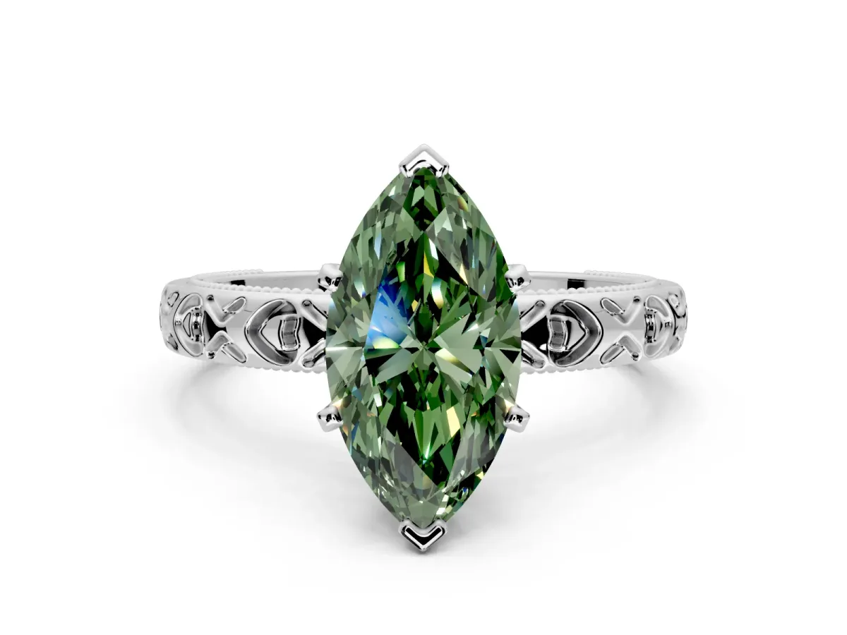 Solitaire Engagement Ring Setting for Fancy Green Marquise Center with XO Engraved Band and Prong Head in Platinum