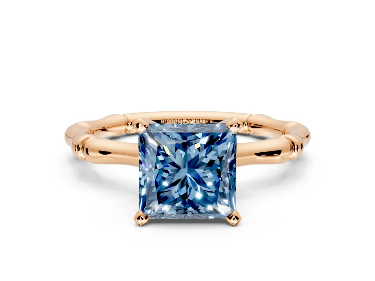 Solitaire Engagement Ring Setting for Fancy Blue Princess Cut Center with Bamboo Band and Prong Head in Rose Gold