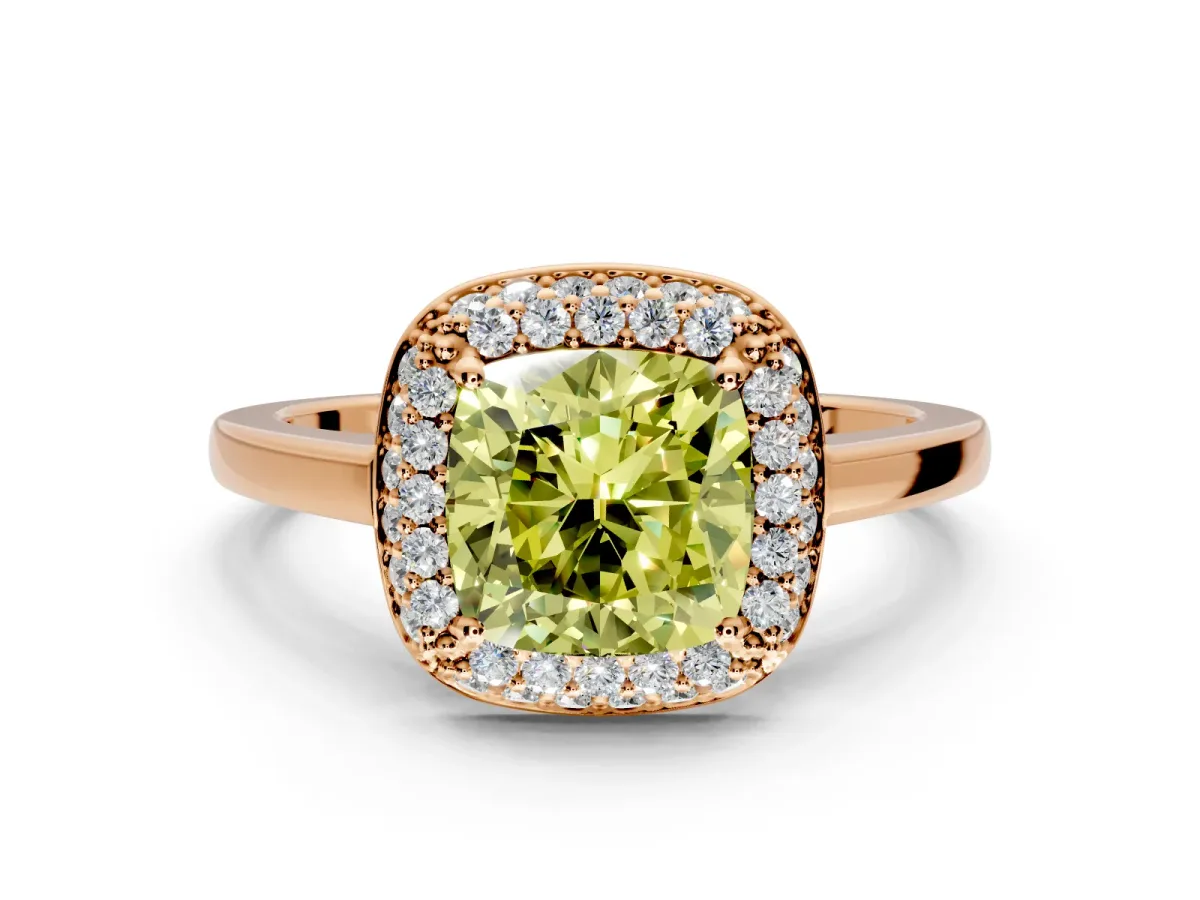 Halo Engagement Ring Setting for Fancy Yellow Cushion Cut Center with Plain Tapered Band and Prong Head in Rose Gold