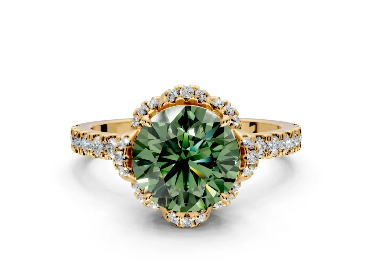 Halo Engagement Ring Setting for Fancy Green Round Cut Center with Openwork Halo, Pave Band and Prong Head in Yellow Gold