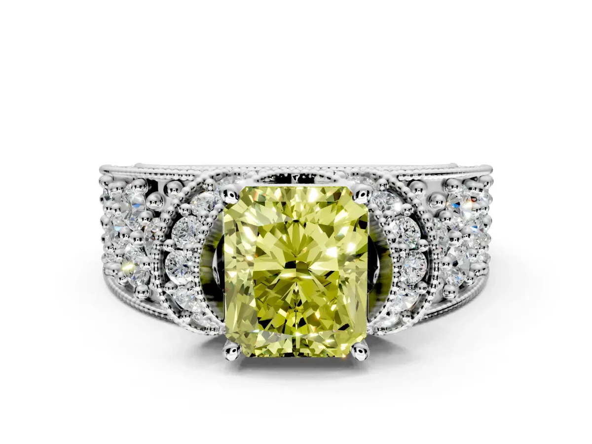 Pave Engagement Ring Setting for Fancy Yellow Radiant Cut Center with Curved Accent Rows, Openwork and Prong Head in White Gold