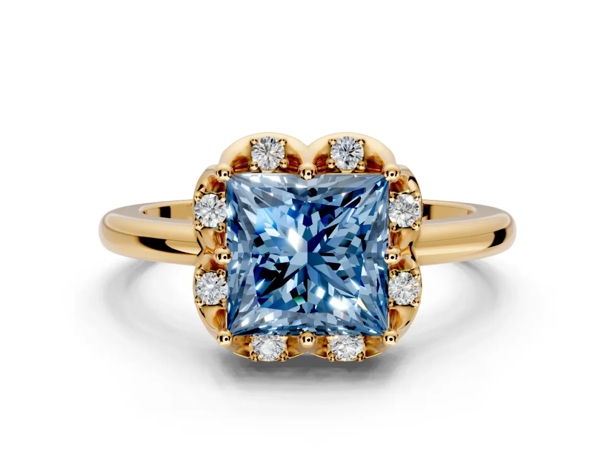 Floral Frame Engagement Ring Setting for Fancy Blue Princess Cut Center with Accent Clusters and Prong Head in Yellow Gold
