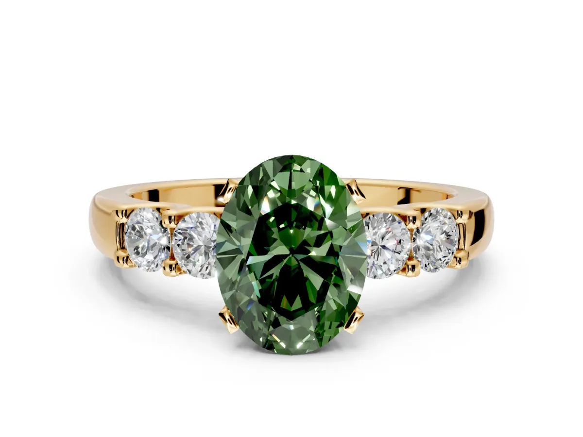 5 Stone Engagement Ring Setting for Fancy Green Oval Center with Plain Band and Prong Head in Yellow Gold
