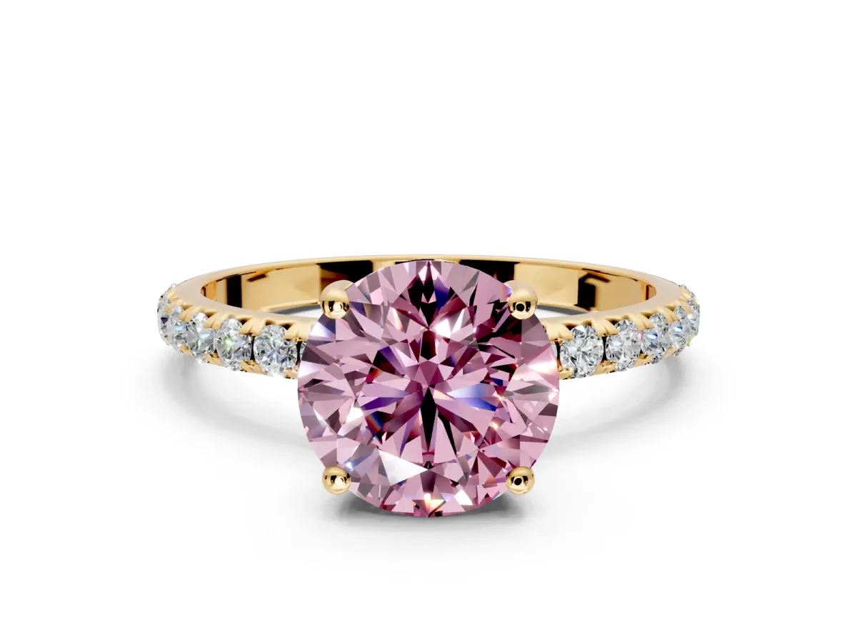 Solitaire Engagement Ring Setting for Fancy Pink Round Cut Center with Micro Pave Band and Prong Head in Yellow Gold