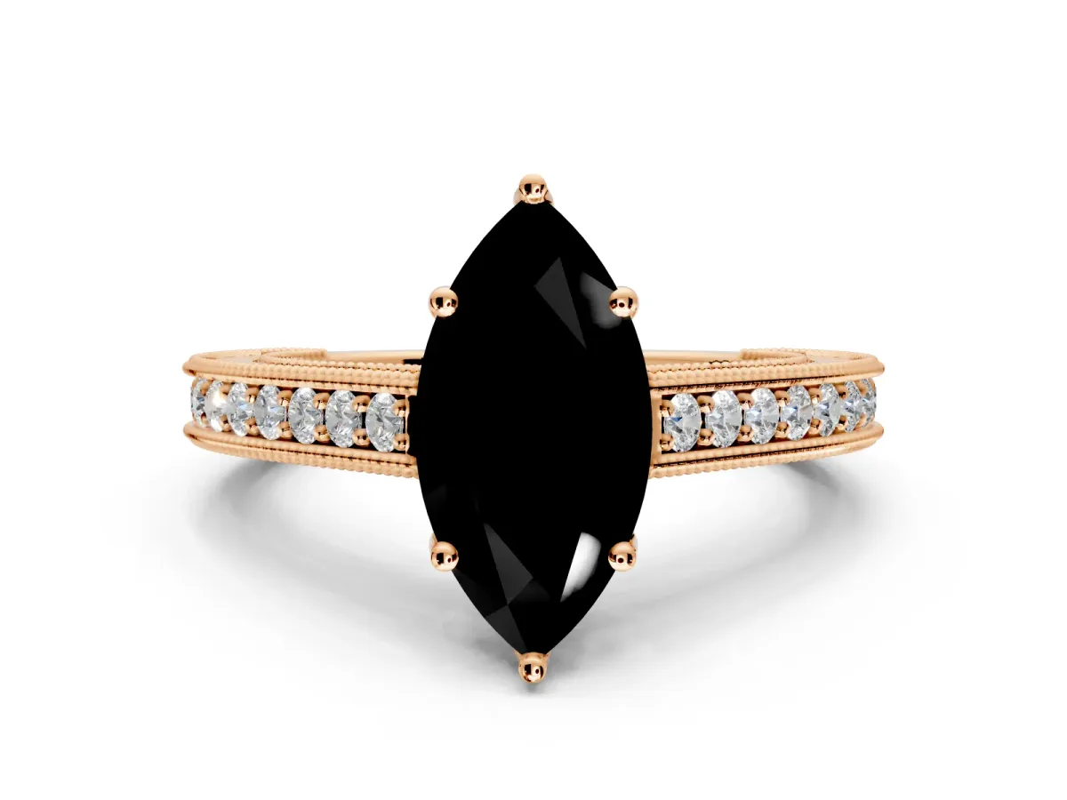 Solitaire Engagement Ring Setting for Fancy Black Marquise Center with Engraved Pave Band and Prong Head in Rose Gold