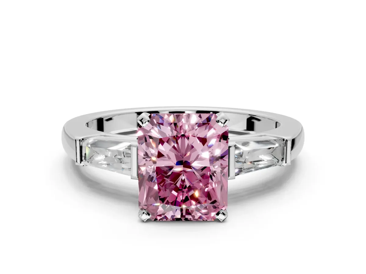 3 Stone Engagement Ring Setting for Fancy Pink Radiant Cut Center with Tapered Baguettes, Plain Band and Prong Head in White Gold