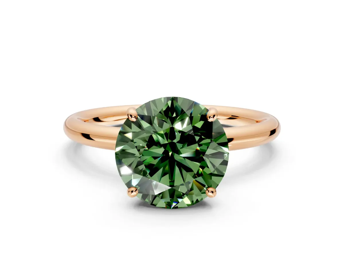 Low-Set Solitaire Engagement Ring Setting for Fancy Green Round Cut Center with Thin Plain Band and Prong Head in Rose Gold