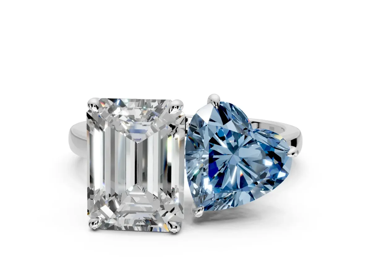Fancy Blue Heart-Shaped and Emerald Cut Lab-Grown Diamond Toi et Moi Engagement Ring with Prong-Set Stones in White Gold