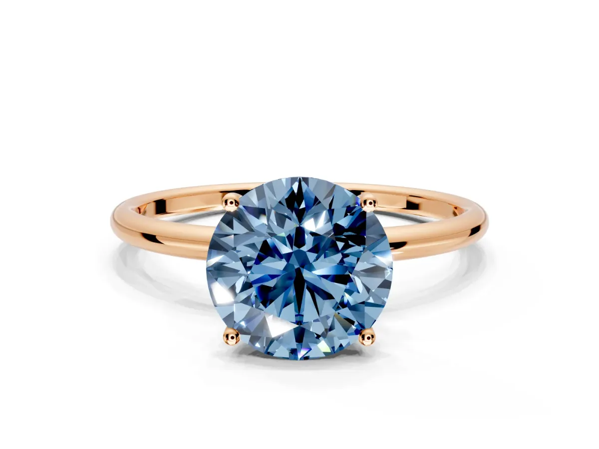 Solitaire Engagement Ring Setting for Fancy Blue Round Cut Center with Straight Thin Band and Prong Head in Rose Gold