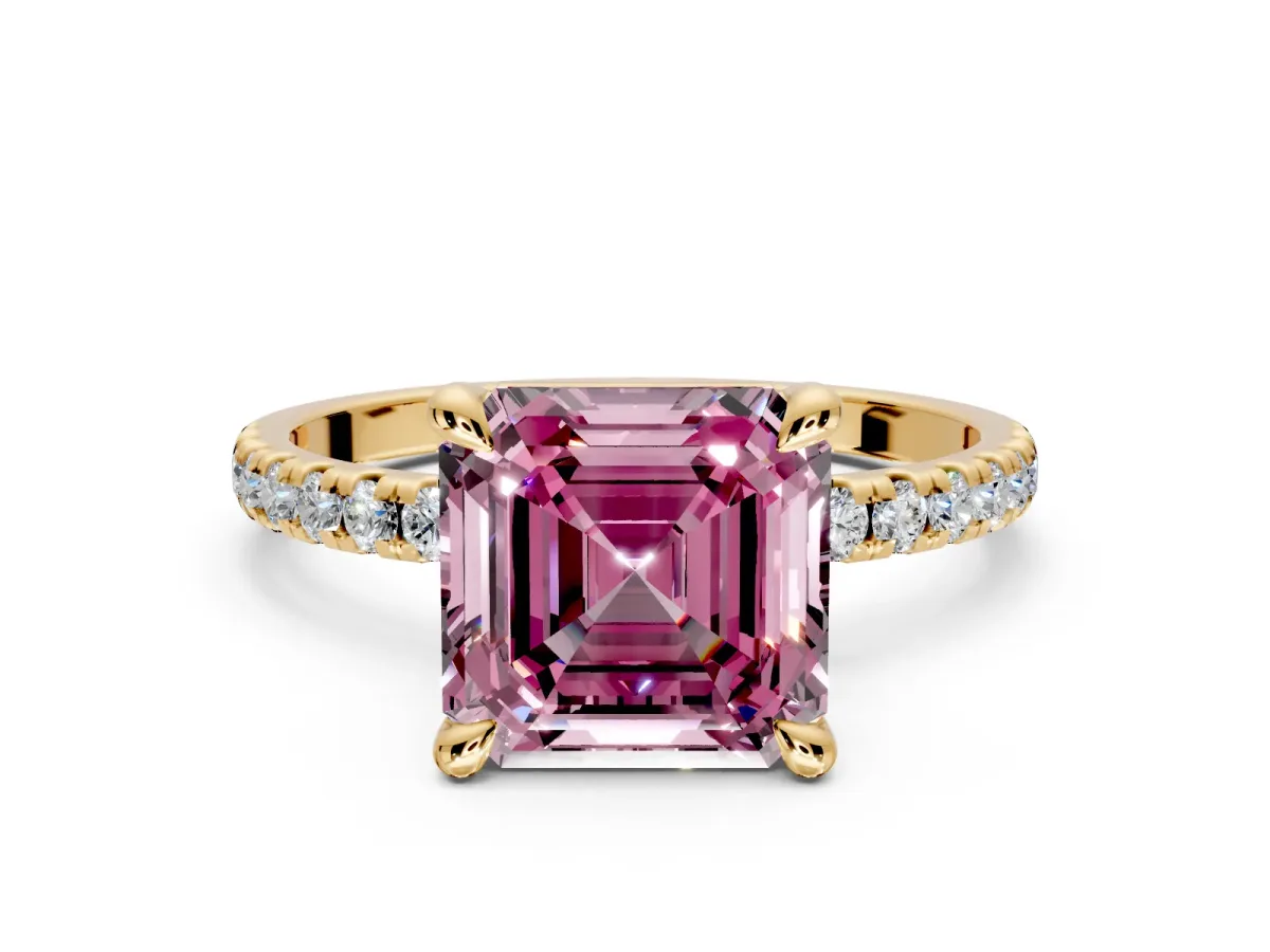 Solitaire Engagement Ring Setting for Fancy Pink Asscher Cut Center with Fine Pave Narrow Band and Prong Head in Yellow Gold