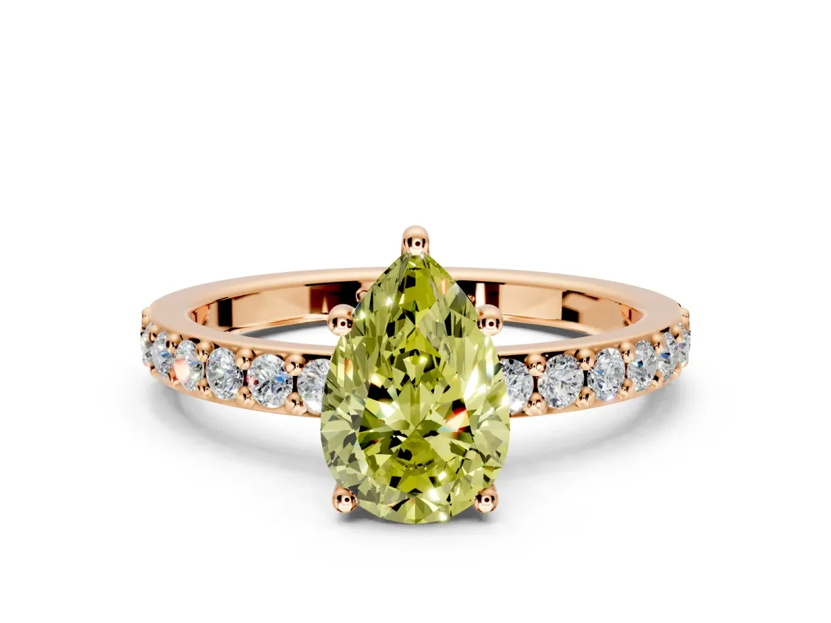 Solitaire Engagement Ring Setting for Fancy Yellow Pear-Shaped Center with Round Cut Pave Band and Prong Head in Rose Gold